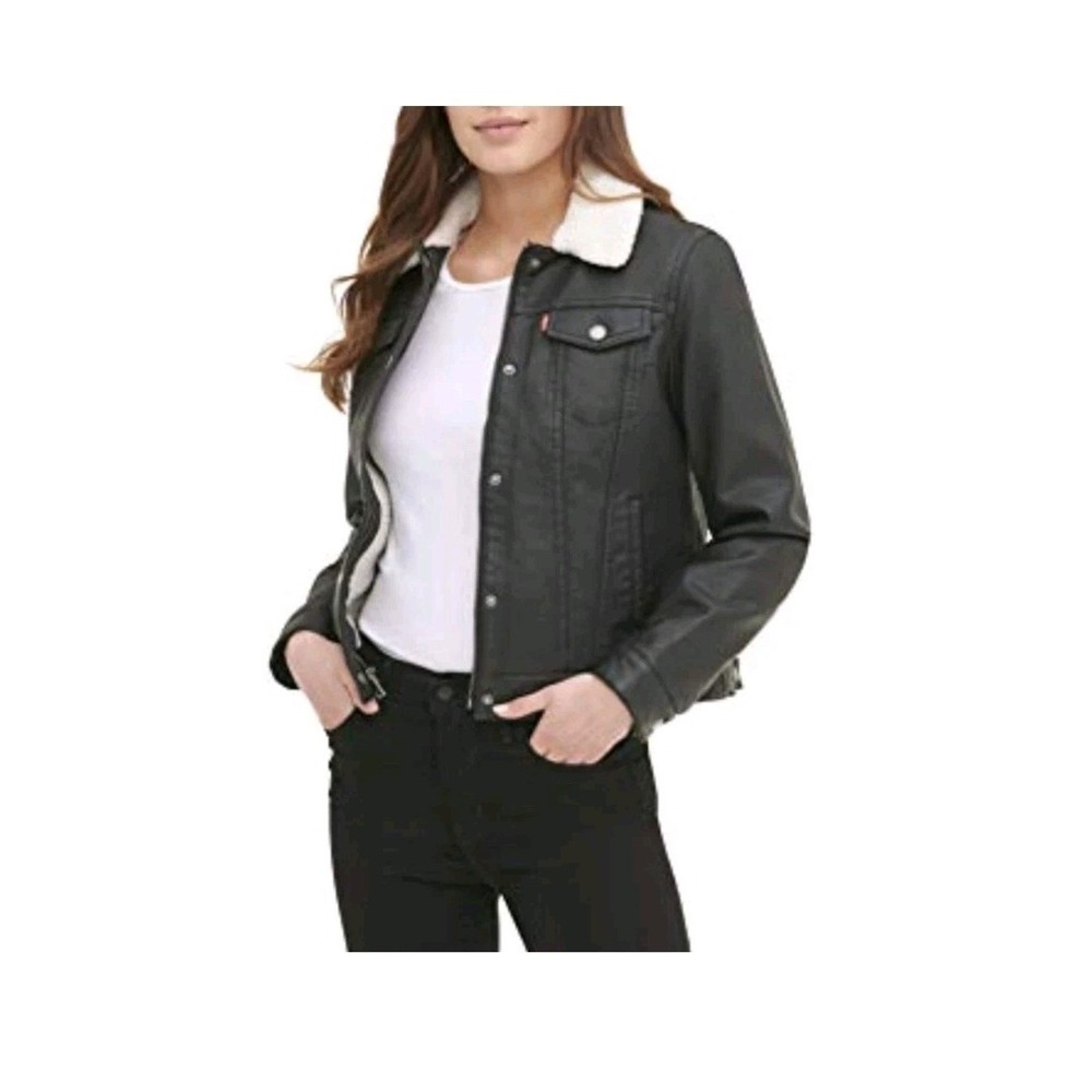 Levis Women's Black Faux Leather Sherpa Lined Motorcycle Jacket Size M